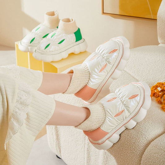 Down Cloth Platform Cotton Slippers Women Winter Indoor Outdoor Shoes Waterproof Warm Plush Home Wrapped Heel Shoes