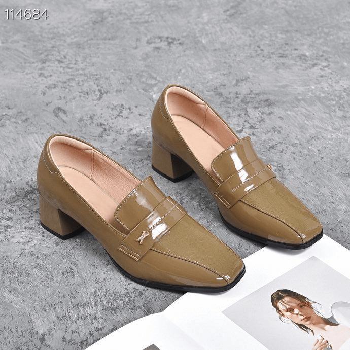 Leather Women's Shoes Square Head Patent Leather Bright Thick Heel Shoes