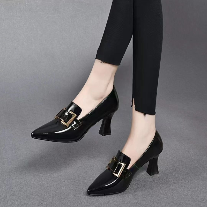 Patent Leather Shoes Pointed Stubby Heels Fashion Women Deep High Heels