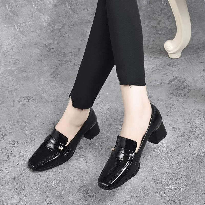 Leather Women's Shoes Square Head Patent Leather Bright Thick Heel Shoes