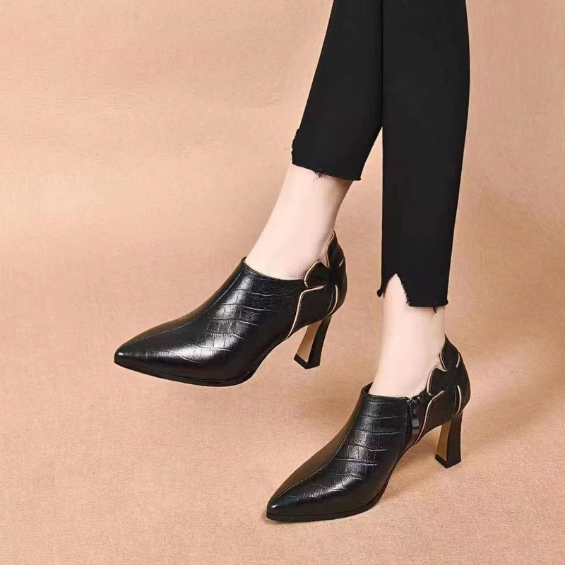 PU Leather Boots Pointed Toe Autumn Buckle High Heel Ankle Boots for Women Pumps Shoes