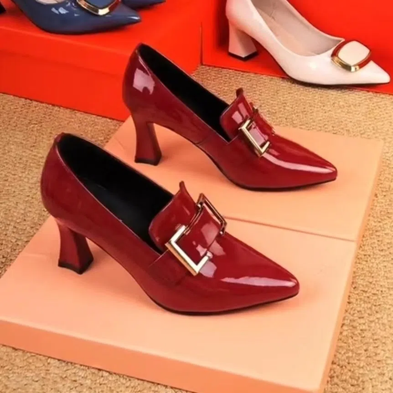Patent Leather Shoes Pointed Stubby Heels Fashion Women Deep High Heels