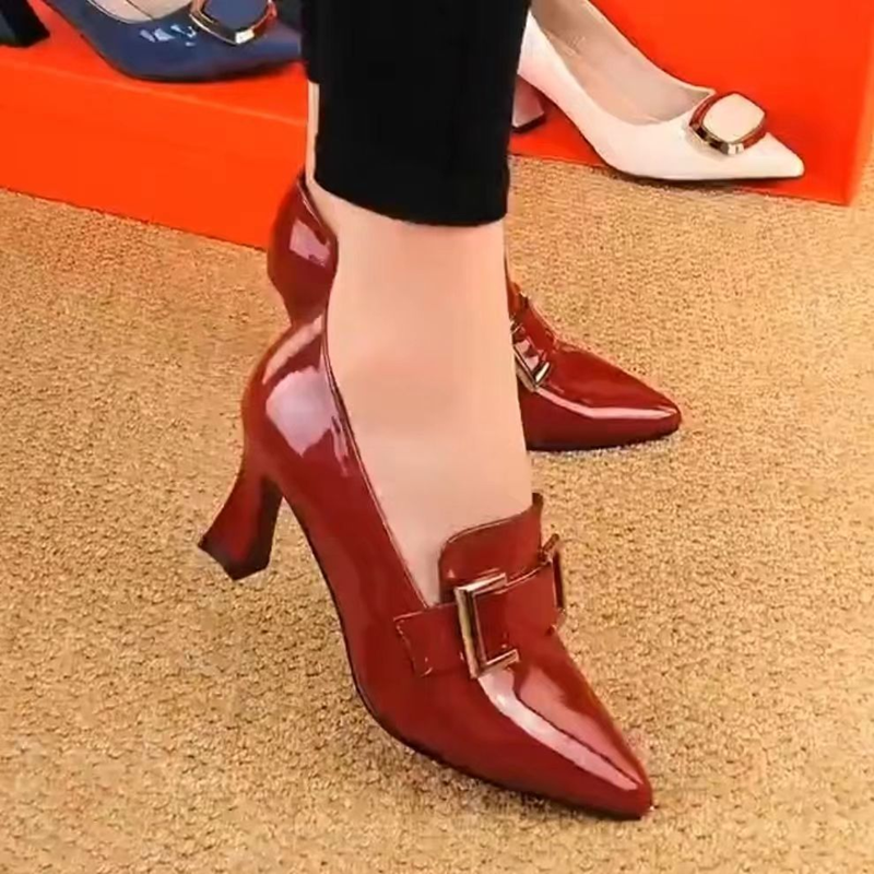 Patent Leather Shoes Pointed Stubby Heels Fashion Women Deep High Heels