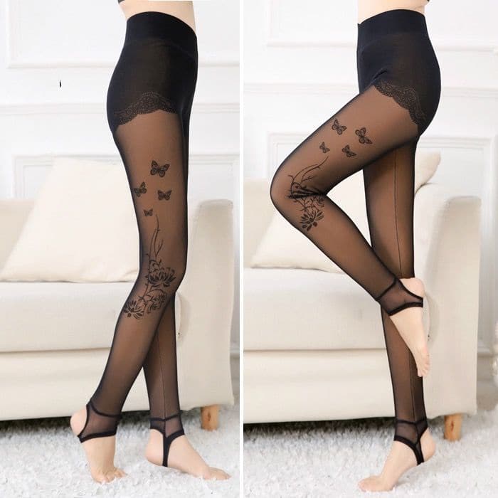 Fleece Large Size High Waist Slim Trousers Fake Flesh Printed Mesh High Elastic Leggings