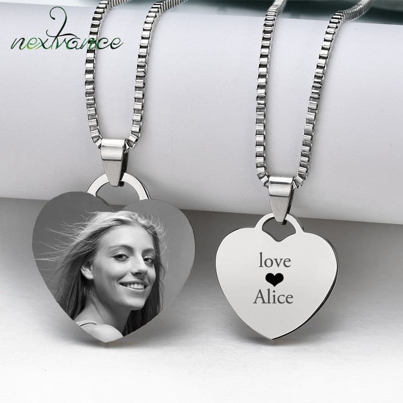Customized Necklaces Engrave Photo Name Necklace Stainless Steel Heart Pendant Chain Necklace Jewelry For Women ID Tag