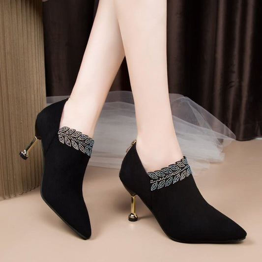 2022 Woman Bare Boots Black Bling Ankle Boots For Women Pointed Toe Dress Shoes High Heels