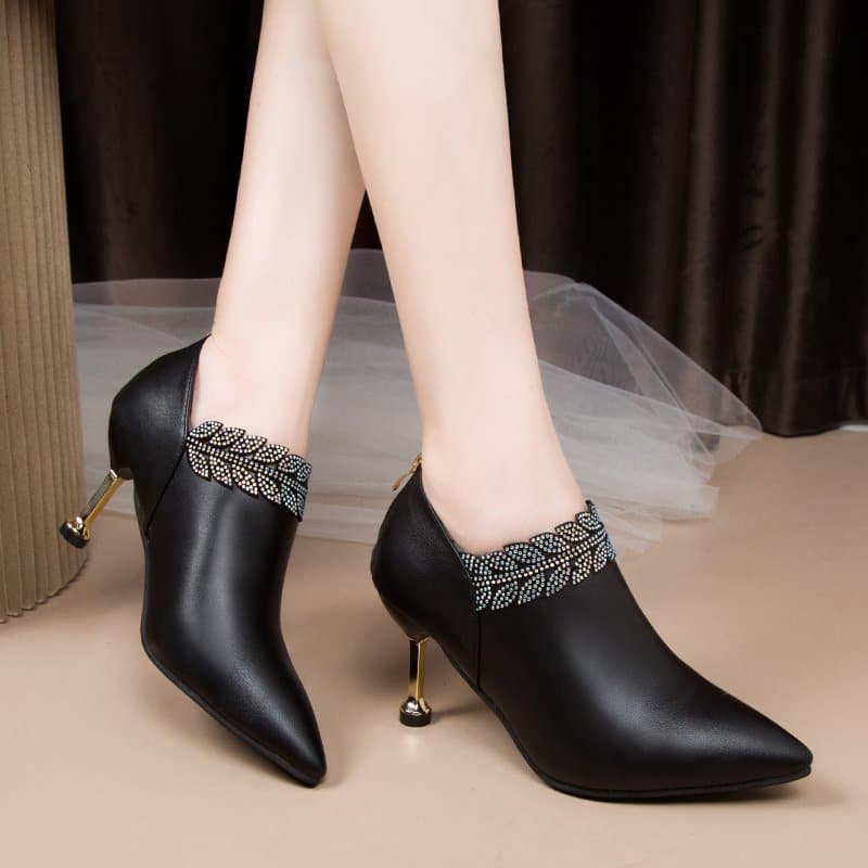 2022 Woman Bare Boots Black Bling Ankle Boots For Women Pointed Toe Dress Shoes High Heels