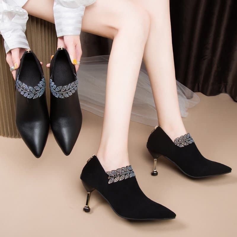 2022 Woman Bare Boots Black Bling Ankle Boots For Women Pointed Toe Dress Shoes High Heels