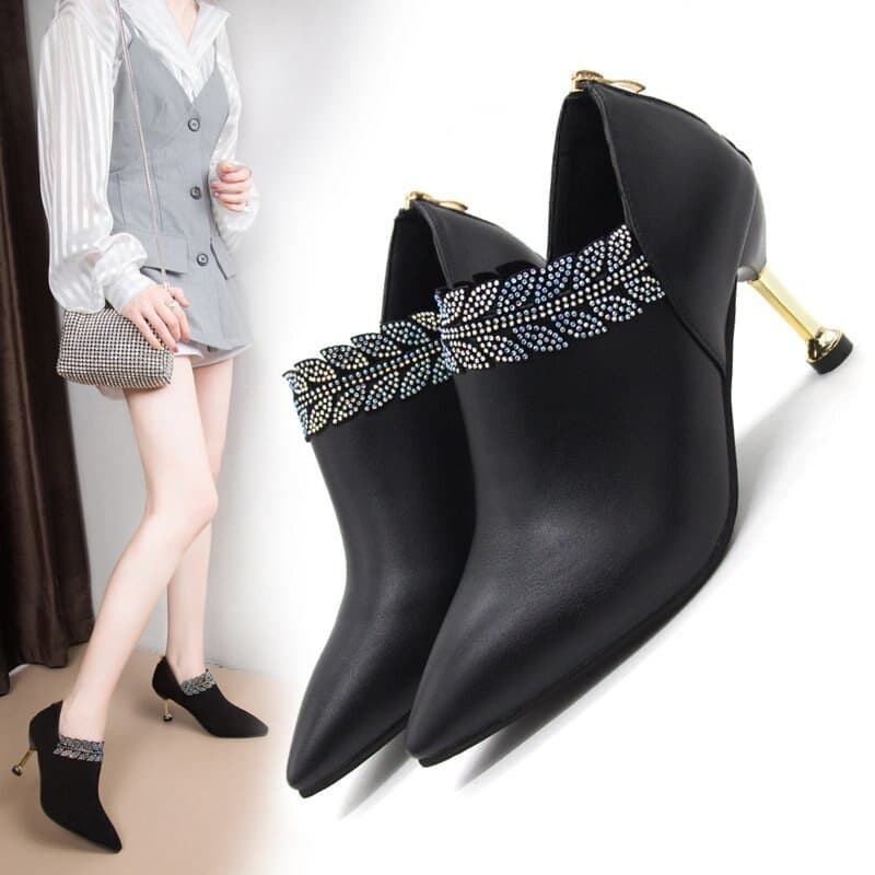 2022 Woman Bare Boots Black Bling Ankle Boots For Women Pointed Toe Dress Shoes High Heels