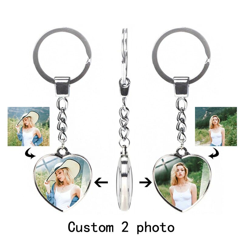 Custom Keychain with Personalized Photo Double Sided Heart Family Couple Gift