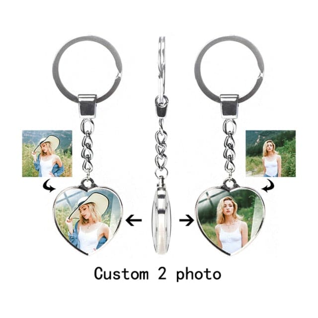 Custom Keychain with Personalized Photo Double Sided Heart Family Couple Gift