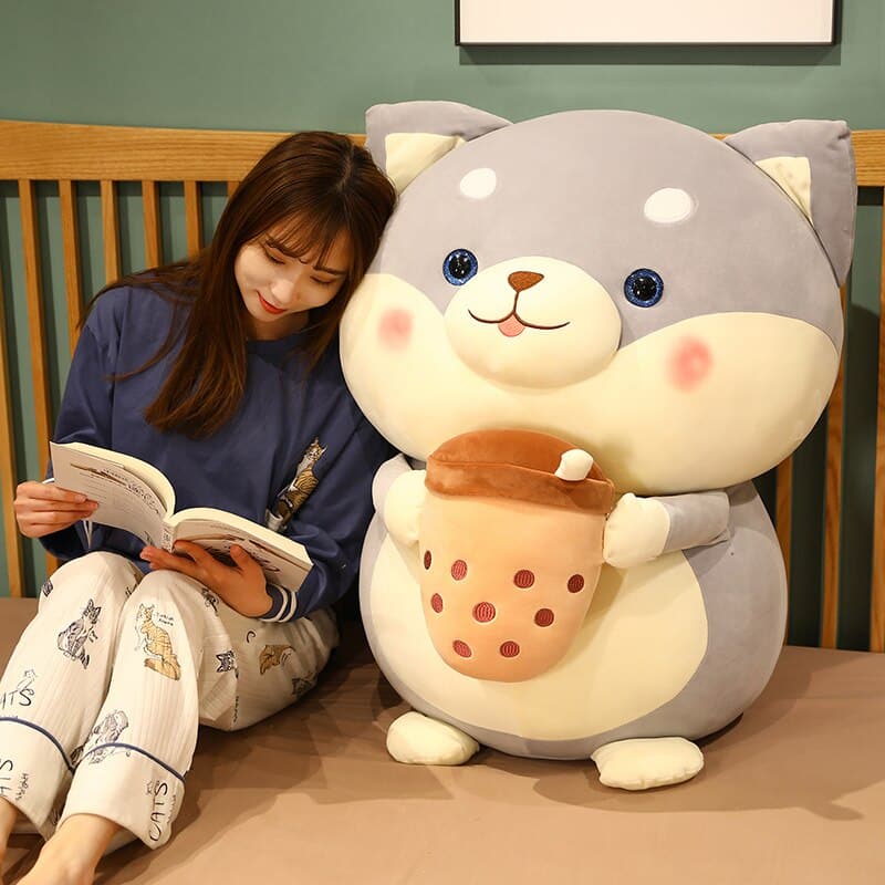 Cute Milk Tea Dog Stuffed Doll Sleeping Hug Pillow for Home House Bedroom Decorative