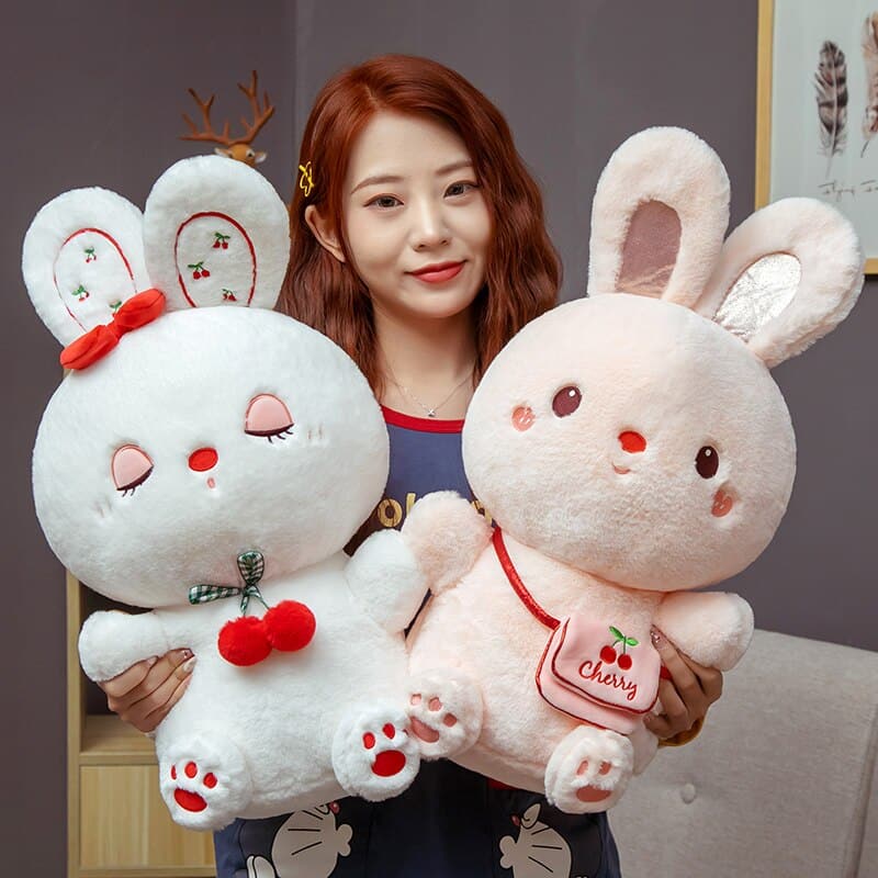 Sweet Sitting Cherry Bunny Plush Toy Rabbit Stuffed Doll Home Decor Birthday Gift