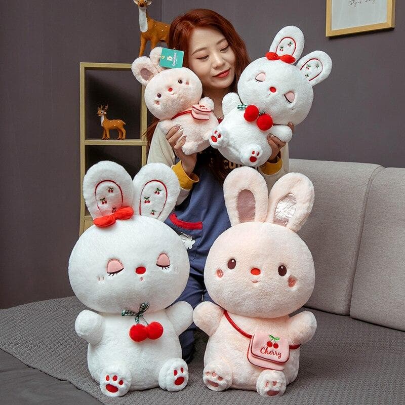 li New Sweet Sitting Cherry Rabbit Lace White Pink Bunny Eyes Open Sleeping Cartoon Animal Girls Christmas Gift