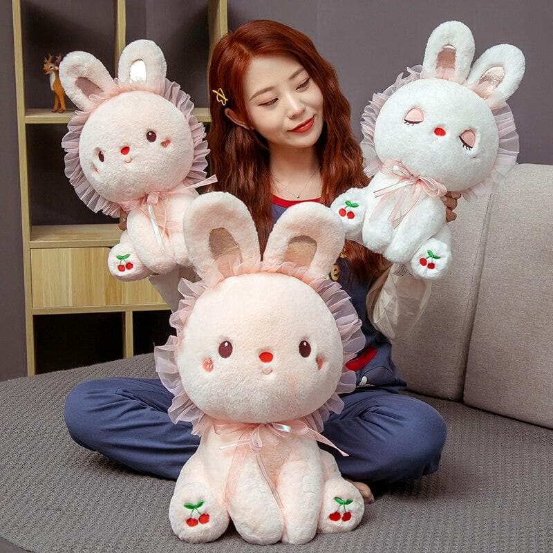 li New Sweet Sitting Cherry Rabbit Lace White Pink Bunny Eyes Open Sleeping Cartoon Animal Girls Christmas Gift