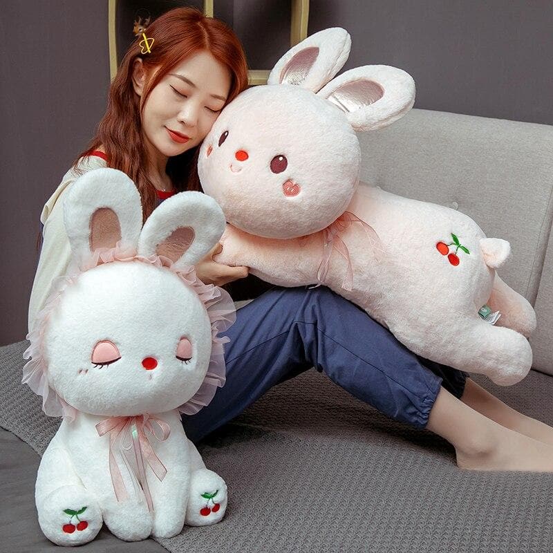 li New Sweet Sitting Cherry Rabbit Lace White Pink Bunny Eyes Open Sleeping Cartoon Animal Girls Christmas Gift