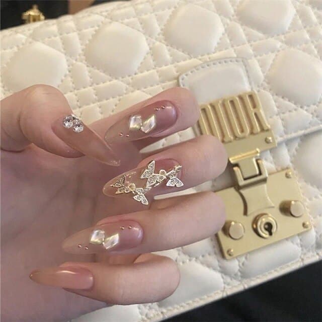 Golden Butterfly Artificial False Nails Cartoon Classic Crystal Charm Press On Nails Art Fake Extension Tips