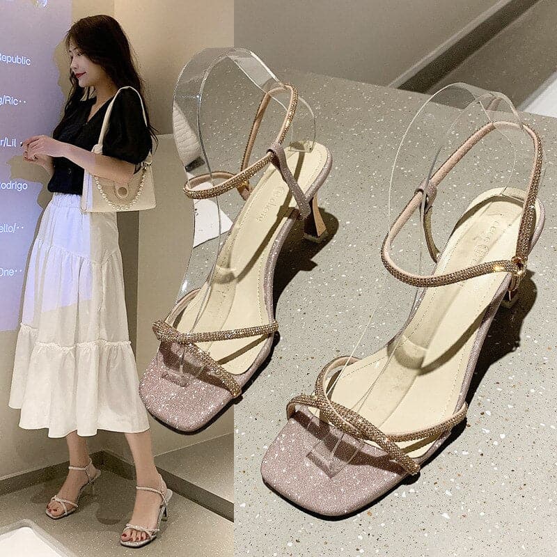 Clear Heels Fashion Womens Shoes Buckle Strap Cross Rhinestone Sandals Suit Female Beige Luxury New Comfort High Girls Blac