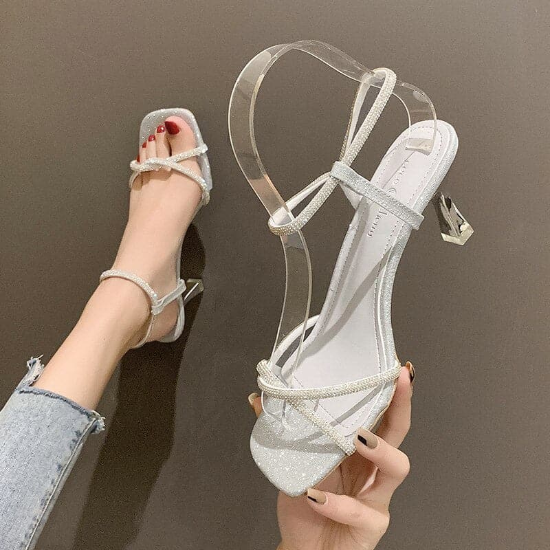 Clear Heels Fashion Womens Shoes Buckle Strap Cross Rhinestone Sandals Suit Female Beige Luxury New Comfort High Girls Blac