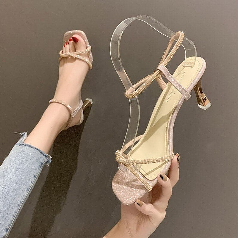 Clear Heels Fashion Womens Shoes Buckle Strap Cross Rhinestone Sandals Suit Female Beige Luxury New Comfort High Girls Blac