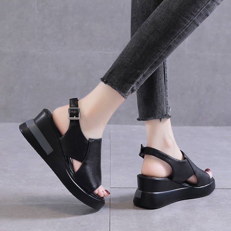 li Wedge Shoes for Women Sandals Solid Color Open Toe High Heels Casual Ladies Buckle Strap Fashion Female Sandalias Mujer