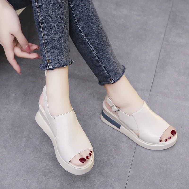 li Wedge Shoes for Women Sandals Solid Color Open Toe High Heels Casual Ladies Buckle Strap Fashion Female Sandalias Mujer