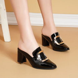 Stylish Pointy Chunky Muller Heels Metal Decoration Women Shoes High Heel