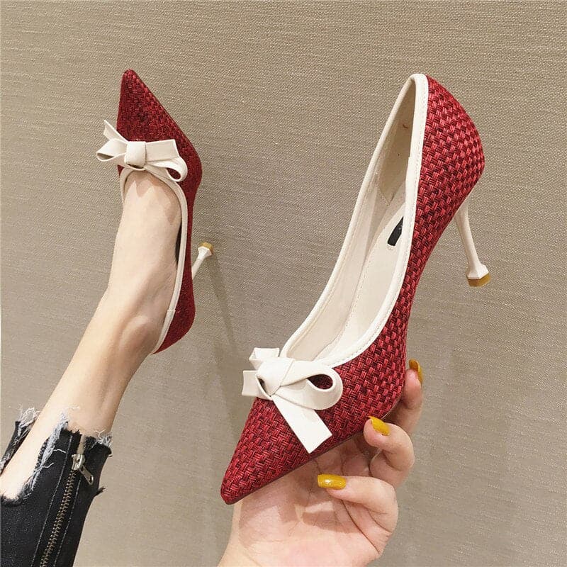 Fashion Women 9.5cm or 6.5cm Thin High Heels Pumps Metal Bow Blue Pumps Pointed Toe Gray Pumps Zapatos Mujer