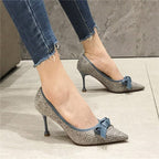 Fashion Women 9.5cm or 6.5cm Thin High Heels Pumps Metal Bow Blue Pumps Pointed Toe Gray Pumps Zapatos Mujer