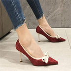 Fashion Women 9.5cm or 6.5cm Thin High Heels Pumps Metal Bow Blue Pumps Pointed Toe Gray Pumps Zapatos Mujer