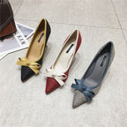 Fashion Women 9.5cm or 6.5cm Thin High Heels Pumps Metal Bow Blue Pumps Pointed Toe Gray Pumps Zapatos Mujer