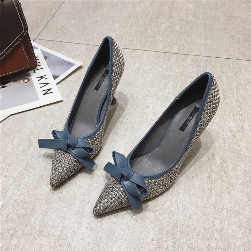 Fashion Women 9.5cm or 6.5cm Thin High Heels Pumps Metal Bow Blue Pumps Pointed Toe Gray Pumps Zapatos Mujer