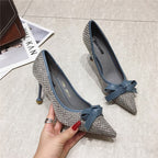 Fashion Women 9.5cm or 6.5cm Thin High Heels Pumps Metal Bow Blue Pumps Pointed Toe Gray Pumps Zapatos Mujer