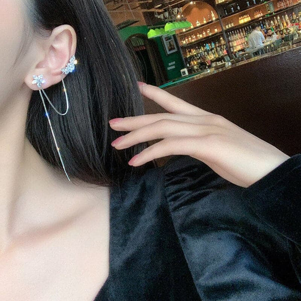 New Crystal Flower Long Tassel Earrings For Women Elegant Clip on Earrings Earbone Clip Hanging Earrings Jewelry