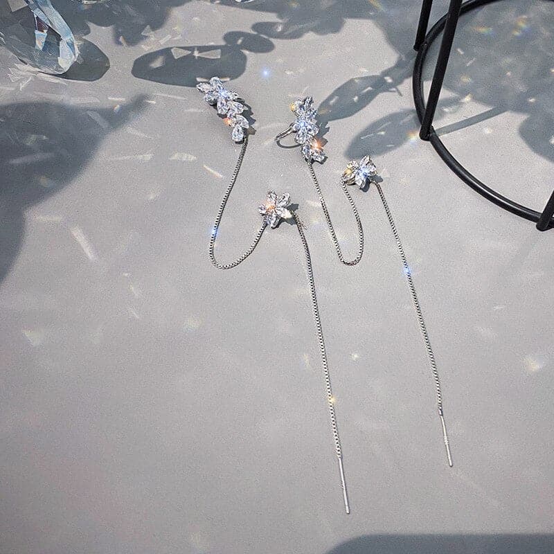New Crystal Flower Long Tassel Earrings For Women Elegant Clip on Earrings Earbone Clip Hanging Earrings Jewelry