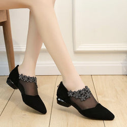Sandals for Women Fashion Rhinestone Flowers Low Heel  Mesh Sandals Plus Size