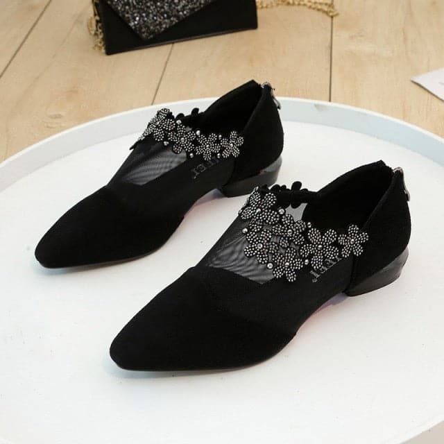 Sandals for Women Fashion Rhinestone Flowers Low Heel  Mesh Sandals Plus Size