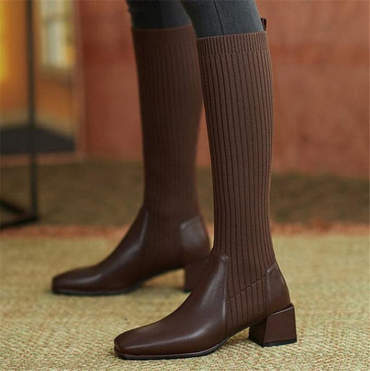 Slim Knee-High Sock Boots Knitting Stretch Cloth Leather Stitching Women Long Boots Female Square Toe High Heels