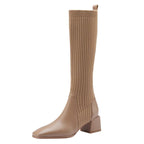 Slim Knee-High Sock Boots Knitting Stretch Cloth Leather Stitching Women Long Boots Female Square Toe High Heels