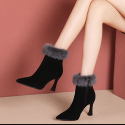 Women Winter Short Boots High-heeled Female Winter Boots Frosted Rabbit Fur Europe and America Plus Women Boots Boots