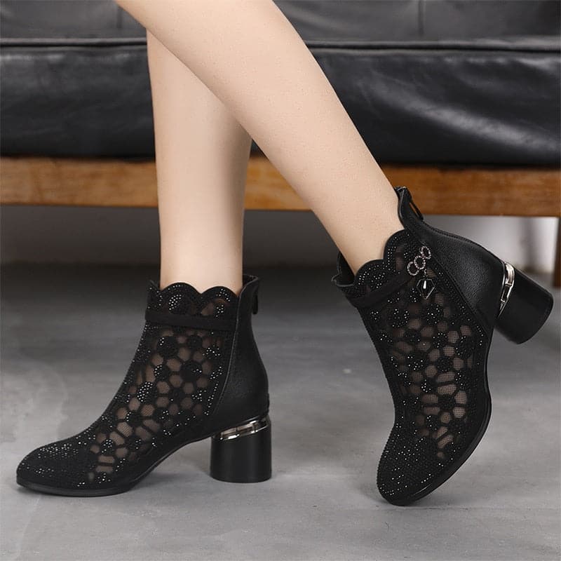 Fashion Rhinestones Gauze Sandals Thick Heels Mesh Autumn Ankle Boots Female Hollow Women's Shoes