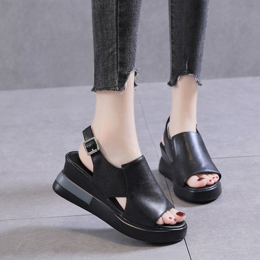 li Wedge Shoes for Women Sandals Solid Color Open Toe High Heels Casual Ladies Buckle Strap Fashion Female Sandalias Mujer