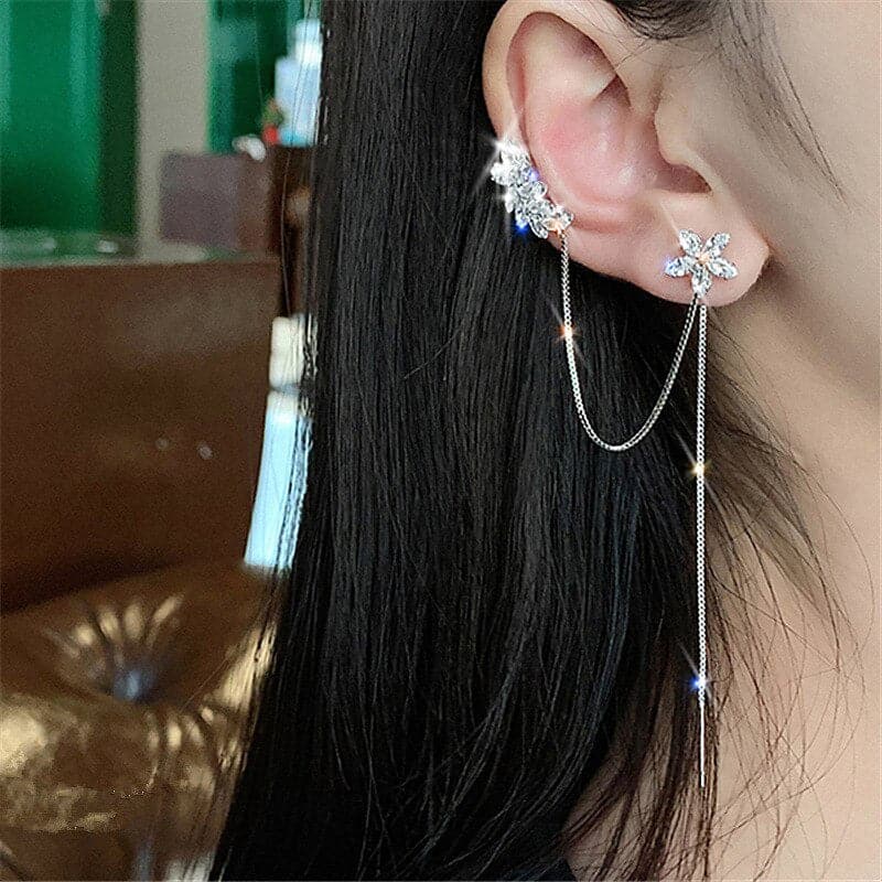 Gold Plated Ear Line Luxury Zircon Leaf Flower Earring For Women Exquisite Ear Cuff Clip Dangle Earring New Design Jewelry