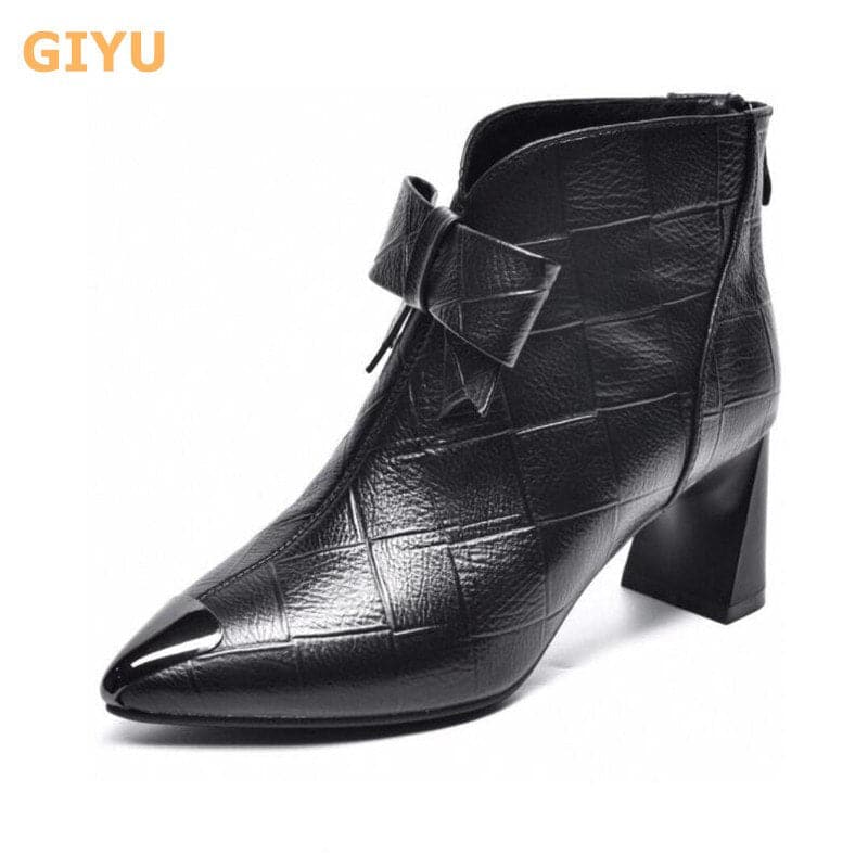 Fashion Genuine Leather Pointed Toe Women Boots Thick High Heels British Martin Single Boot Wedding Party Shoes