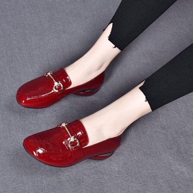 Round Toe Metal Decorative Thick Heel Women Shoes Patent Leather Soft High  Heels