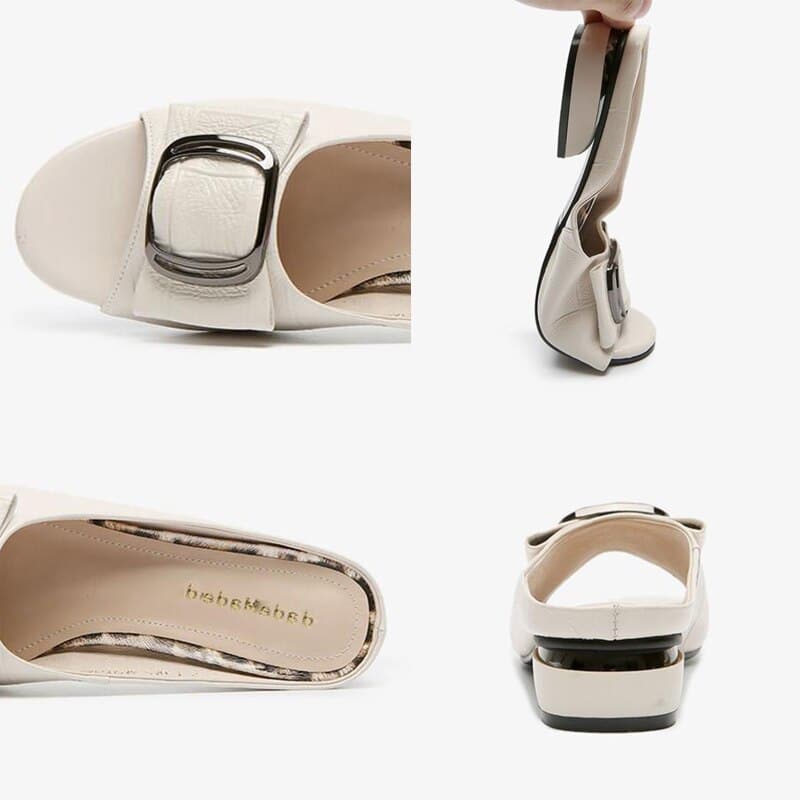 Designer Peep Toe Metal Decoration Buckle Shallow Square Heel Slippers Shallow Party Sandals Women Slides Plus Size