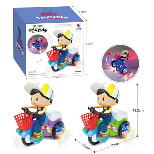 Child Electric Toy Car Cartoon Character Stunt Tricycle Cool Dance and Music 360 Degree Spin Vehicle Tricycle Simulation Gift