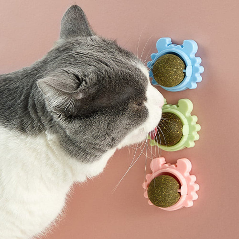 Cat Toys Cat Treat Toys Snack Self-Adhesive 360° Rotated Catnip Ball Cats Wall Mount Molar Teething Toy For Cats Ball