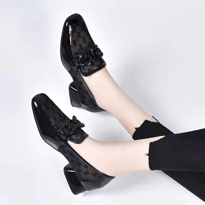 Soft Leather Thick Heel Loafers Women Spring Summer Square Toe Heels Breathable Fashion All-match Shallow Mouth Shoes