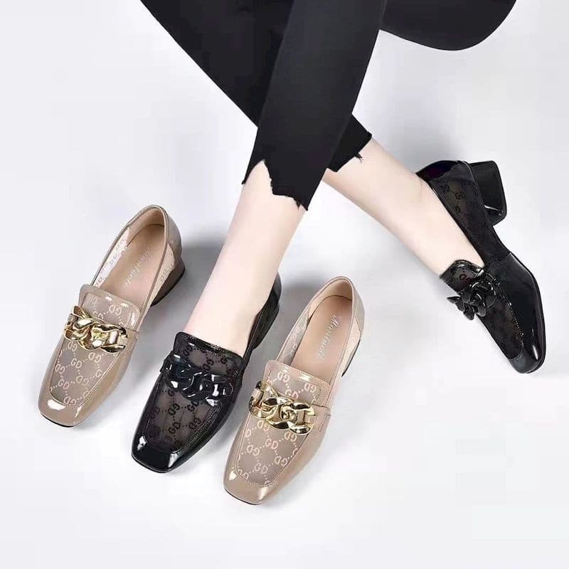 Soft Leather Thick Heel Loafers Women Spring Summer Square Toe Heels Breathable Fashion All-match Shallow Mouth Shoes